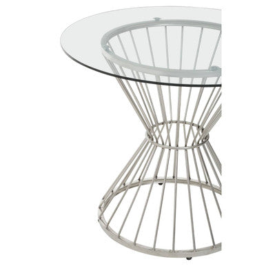 Hourglass Dining Table with Clear Glass Top and Silver Base, Anzio