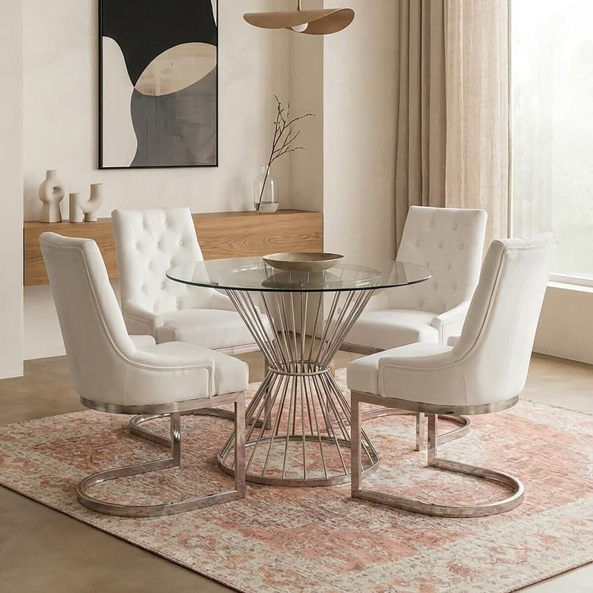Anzio Clear Glass Round Dining Table with Silver Hourglass Base
