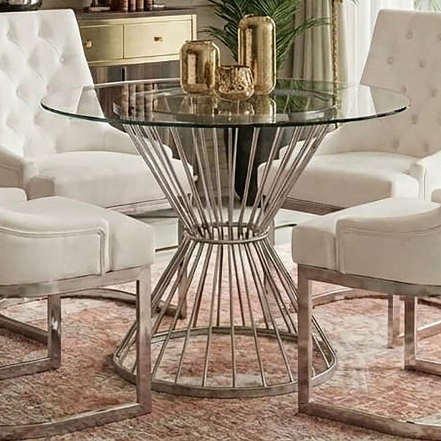 Anzio Clear Glass Round Dining Table with Silver Hourglass Base