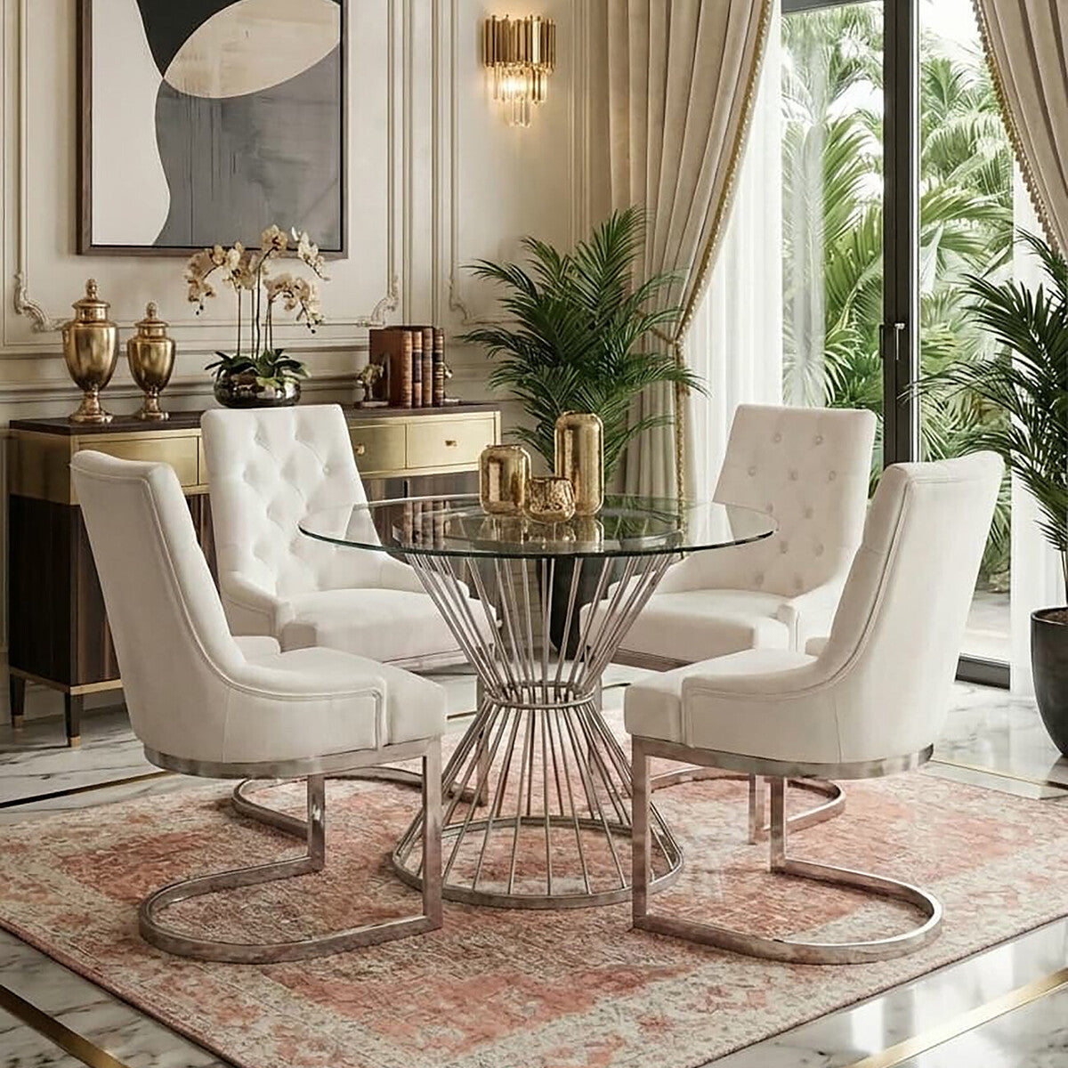 Anzio Clear Glass Round Dining Table with Silver Hourglass Base