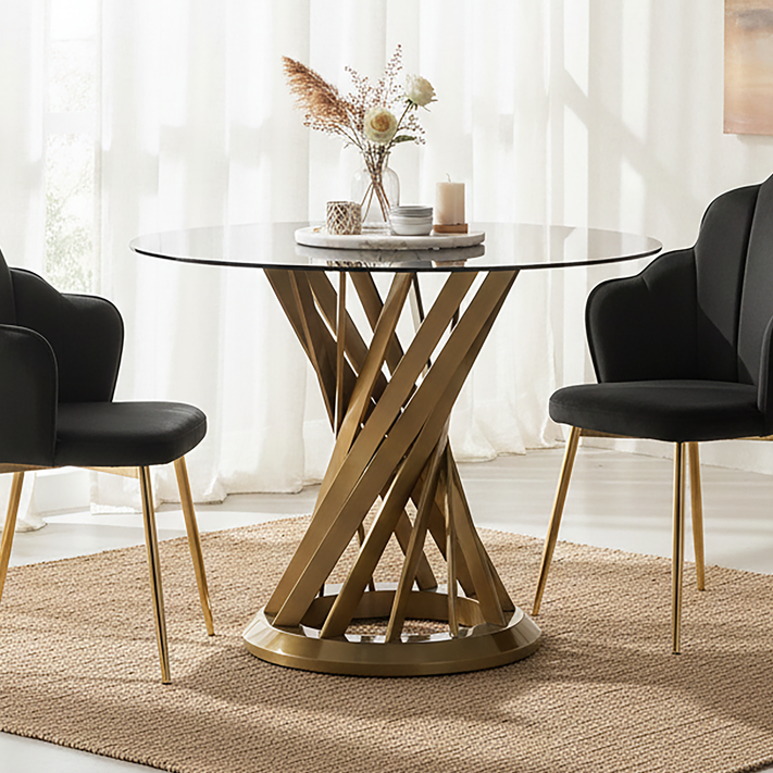 Anzio Black Glass Round Dining Table with Brushed Gold Base