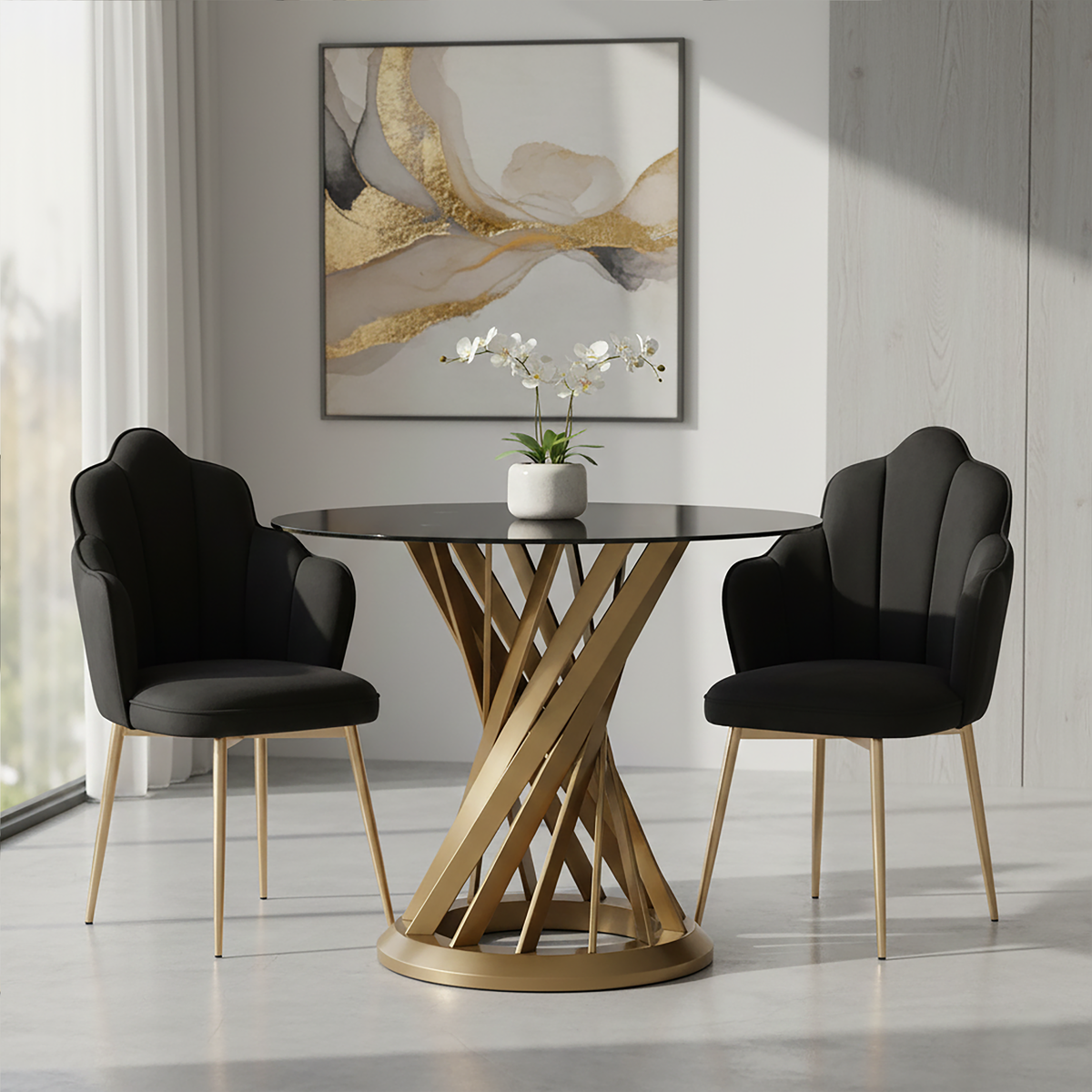 Black Glass Top and Gold Hourglass Base Dining Table, Anzio