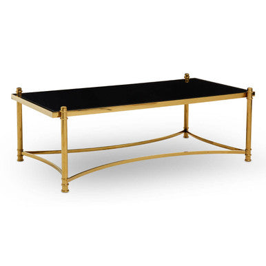Gold Finish Base Coffee Table with Black Glass Top, Ackley