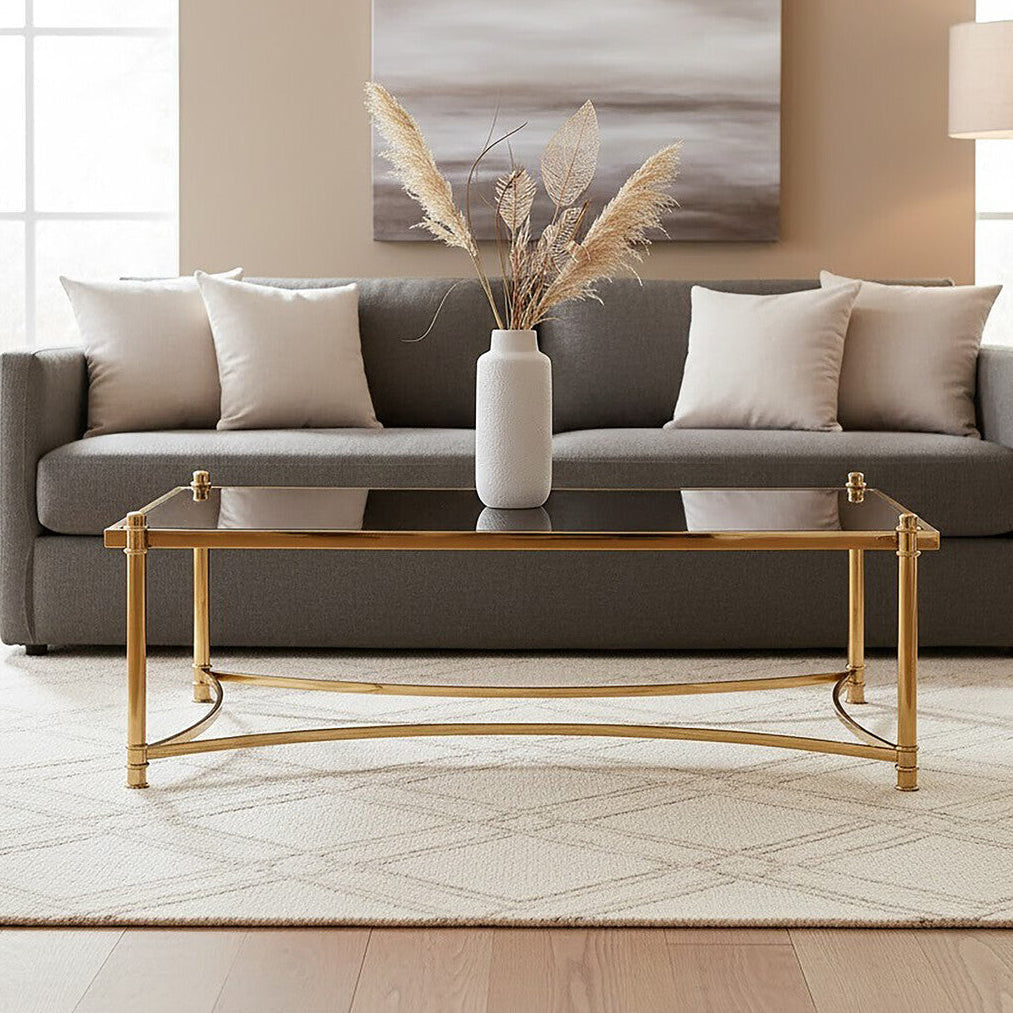 Gold Finish Base Coffee Table with Black Glass Top, Ackley