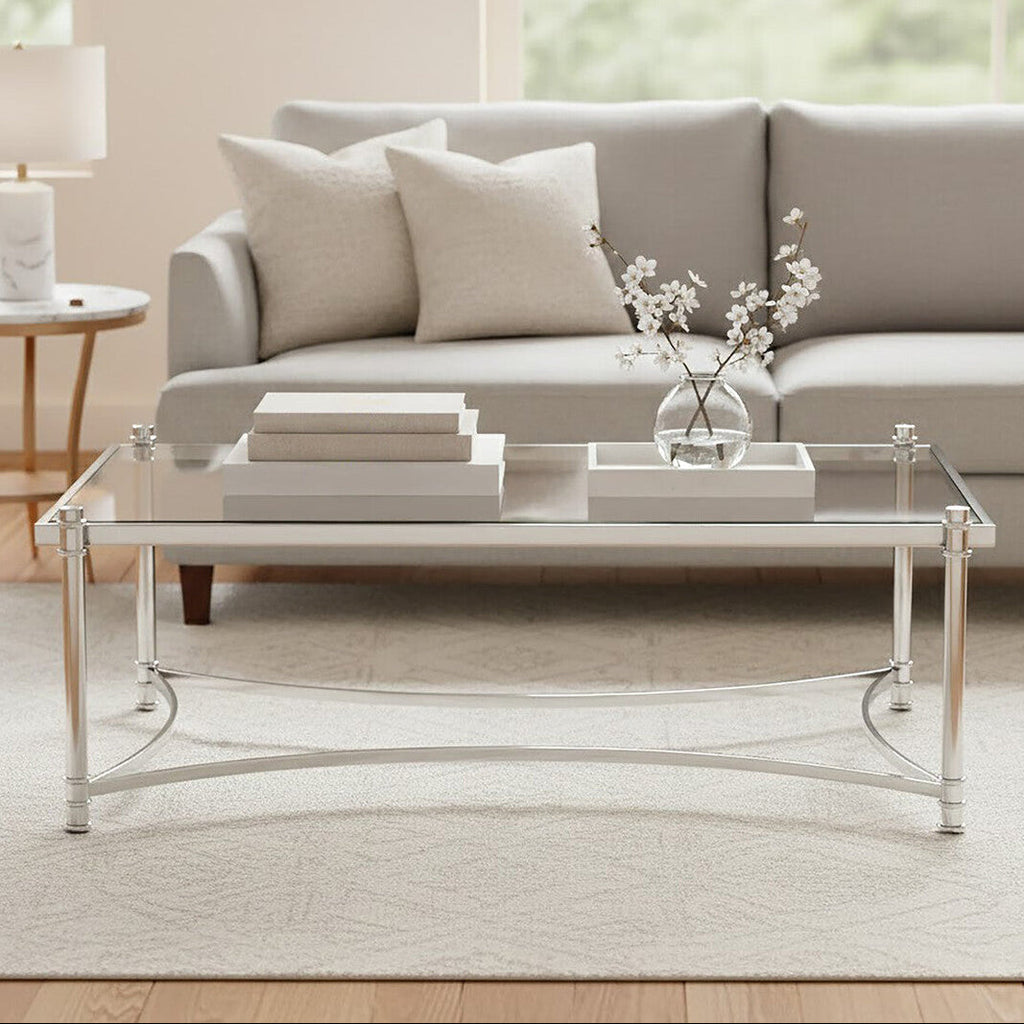 Ackley Silver Stainless Steel Coffee Table with Clear Glass Top