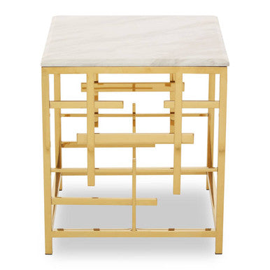 White Marble Top Side Table with Gold Finish Geometric Stainless Steel Base, Aprilia