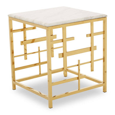 White Marble Top Side Table with Gold Finish Geometric Stainless Steel Base, Aprilia