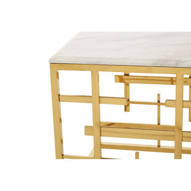 White Marble Top Side Table with Gold Finish Geometric Stainless Steel Base, Aprilia