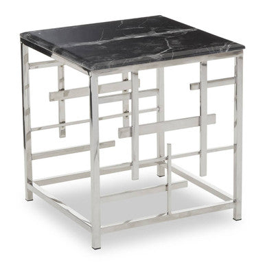 Black Marble Top Side Table with Silver Finish Geometric Stainless Steel Base, Aprilia