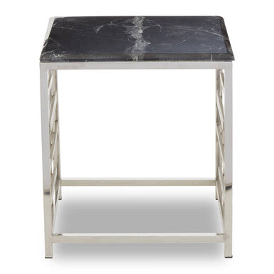 Black Marble Top Side Table with Silver Finish Geometric Stainless Steel Base, Aprilia