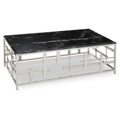 Black Marble Top Coffee Table with Silver Finish Geometric Stainless Steel Base, Aprilia