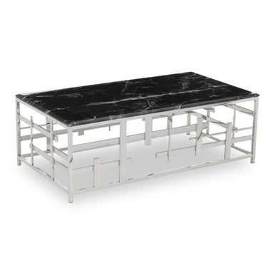 Black Marble Top Coffee Table with Silver Finish Geometric Stainless Steel Base, Aprilia