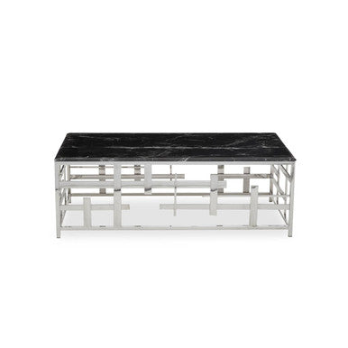 Black Marble Top Coffee Table with Silver Finish Geometric Stainless Steel Base, Aprilia