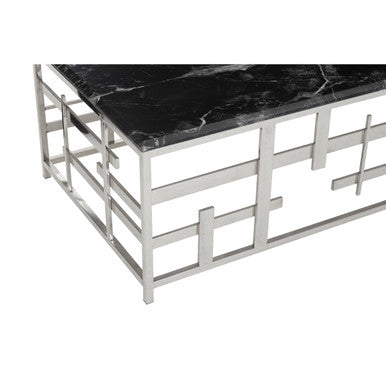 Black Marble Top Coffee Table with Silver Finish Geometric Stainless Steel Base, Aprilia