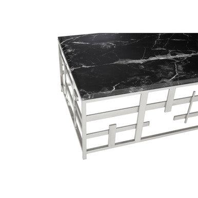 Black Marble Top Coffee Table with Silver Finish Geometric Stainless Steel Base, Aprilia