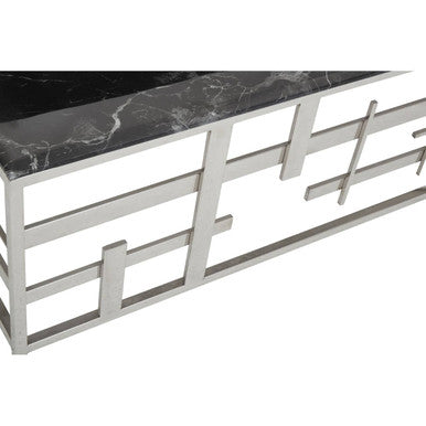 Black Marble Top Coffee Table with Silver Finish Geometric Stainless Steel Base, Aprilia