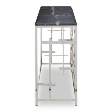 Black Marble Top Console Table with Silver Finish Geometric Stainless Steel Base, Aprilia