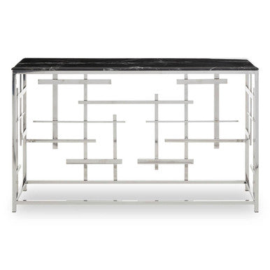 Black Marble Top Console Table with Silver Finish Geometric Stainless Steel Base, Aprilia