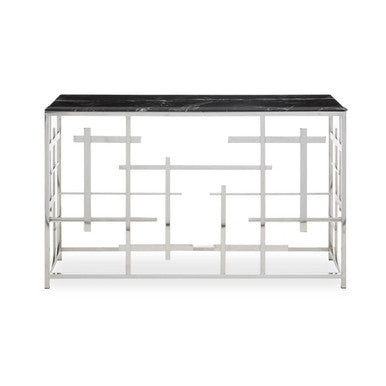 Black Marble Top Console Table with Silver Finish Geometric Stainless Steel Base, Aprilia