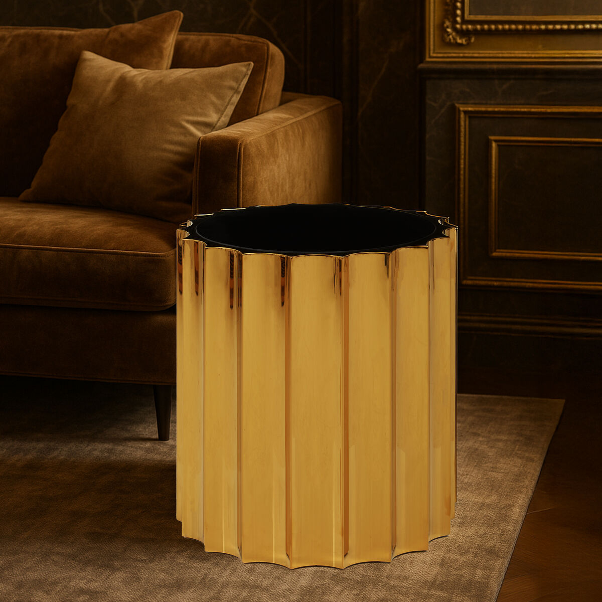 Alvaro Black Glass Side Table with Ribbed Gold Metal Frame