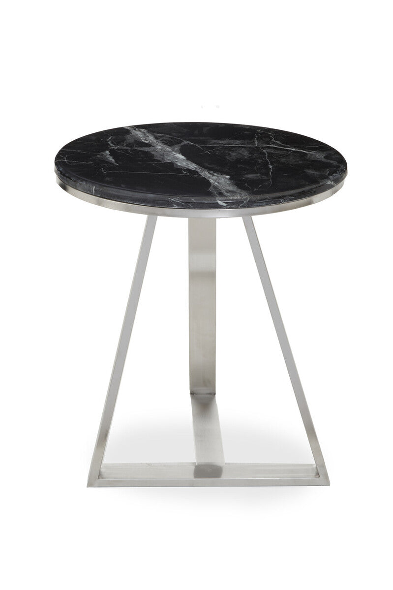 Silver Finish Frame Side Table with Round Black Marble Top, Alvaro