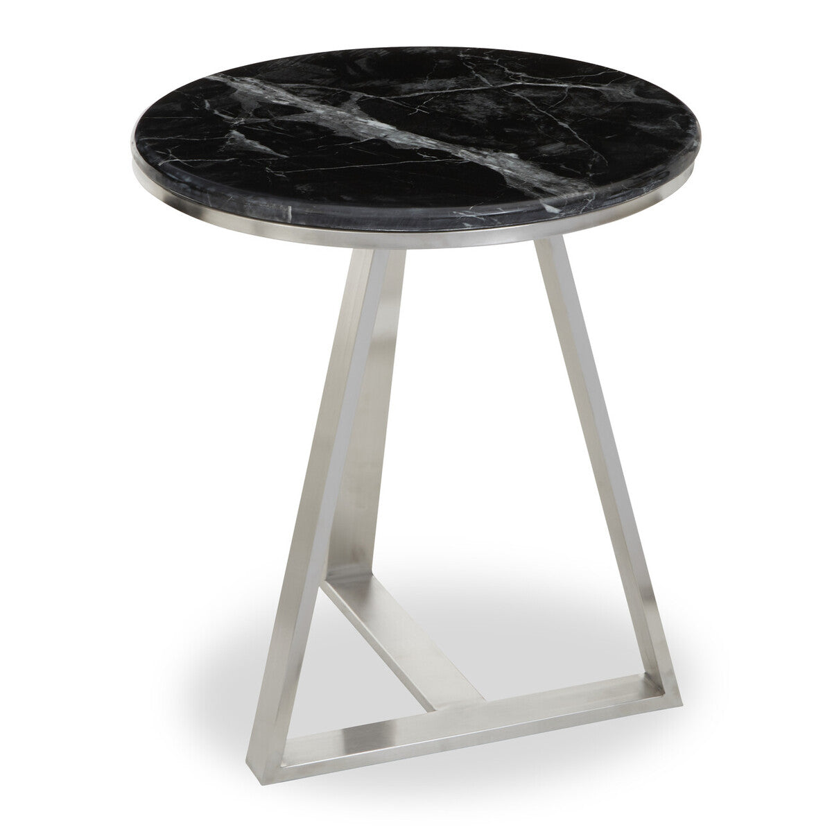 Silver Finish Frame Side Table with Round Black Marble Top, Alvaro