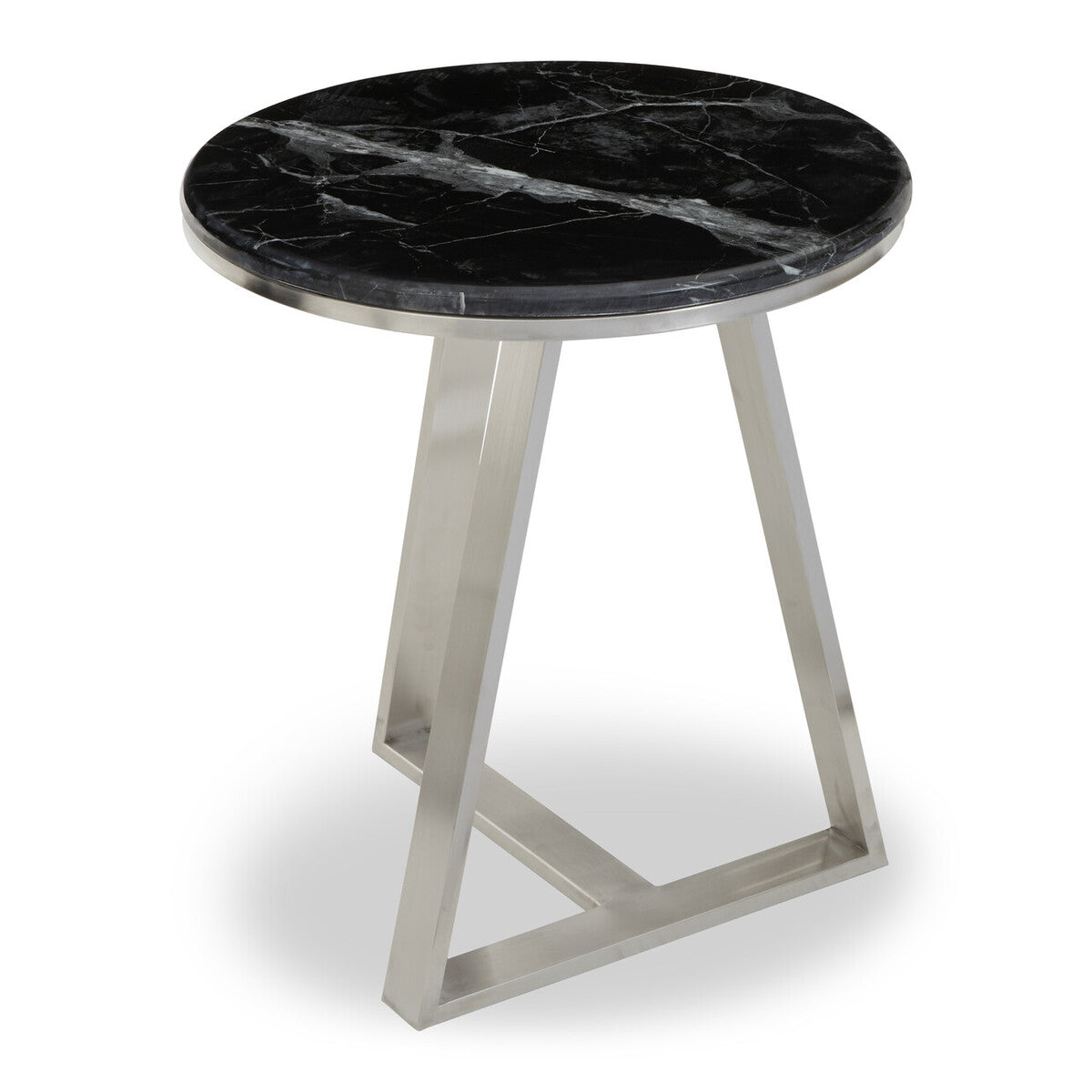 Silver Finish Frame Side Table with Round Black Marble Top, Alvaro