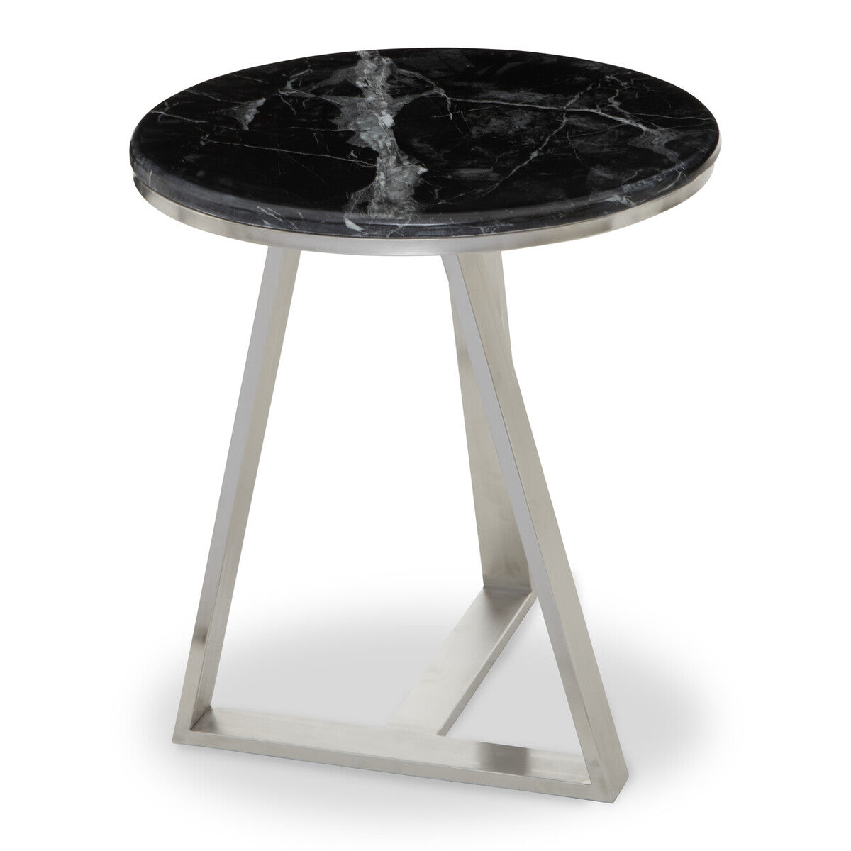 Silver Finish Frame Side Table with Round Black Marble Top, Alvaro