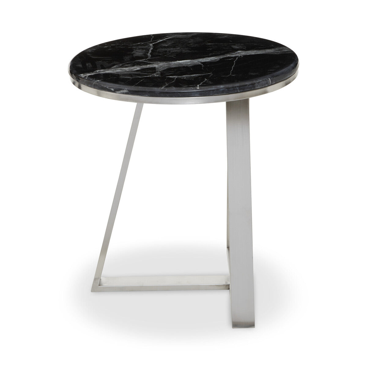 Silver Finish Frame Side Table with Round Black Marble Top, Alvaro