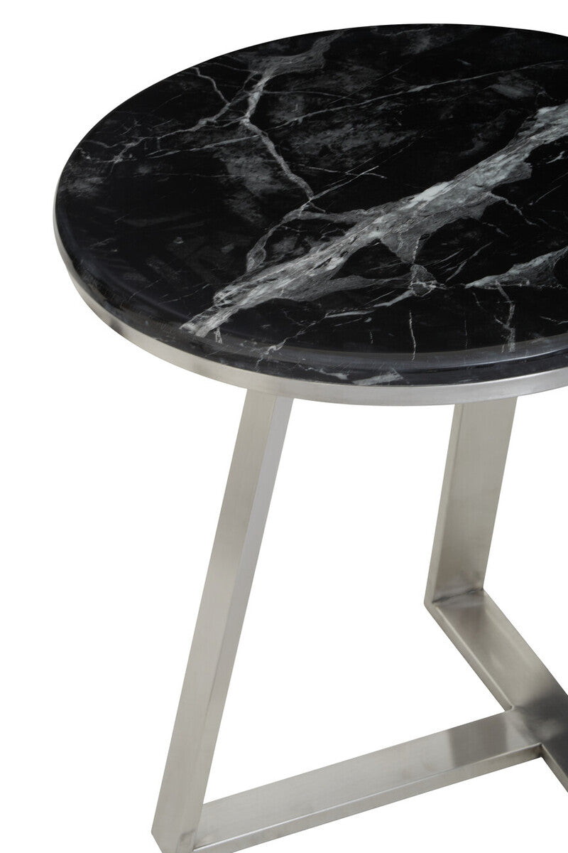 Silver Finish Frame Side Table with Round Black Marble Top, Alvaro