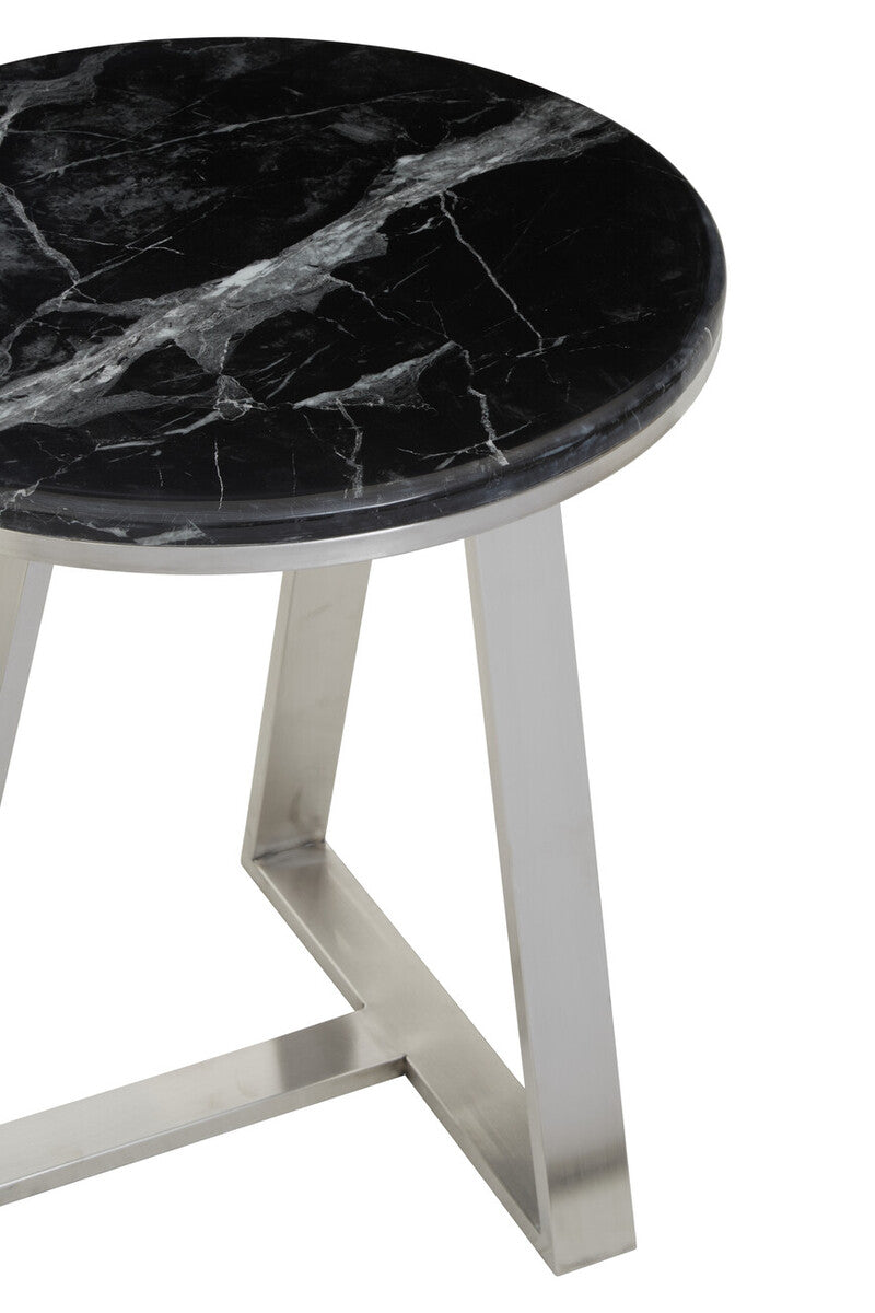 Silver Finish Frame Side Table with Round Black Marble Top, Alvaro