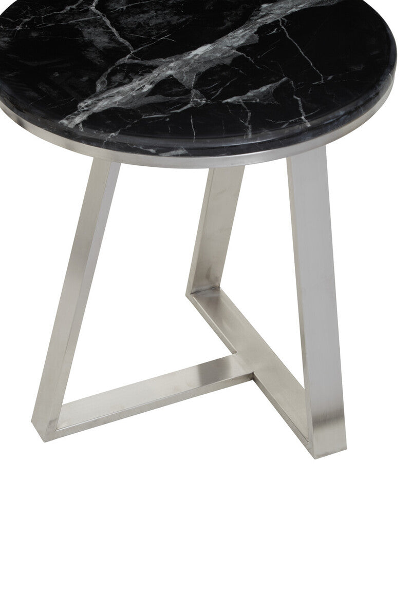 Silver Finish Frame Side Table with Round Black Marble Top, Alvaro