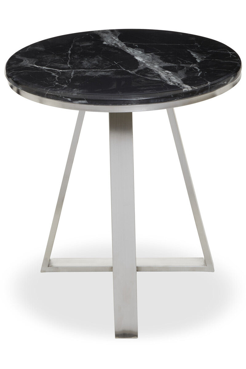 Silver Finish Frame Side Table with Round Black Marble Top, Alvaro