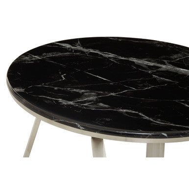 Silver Finish Frame Coffee Table with Round Black Marble Top, Alvaro