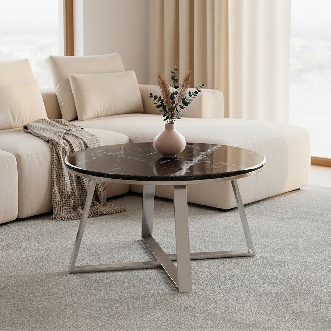 Alvaro Silver Stainless Steel Coffee Table with Black Marble Top