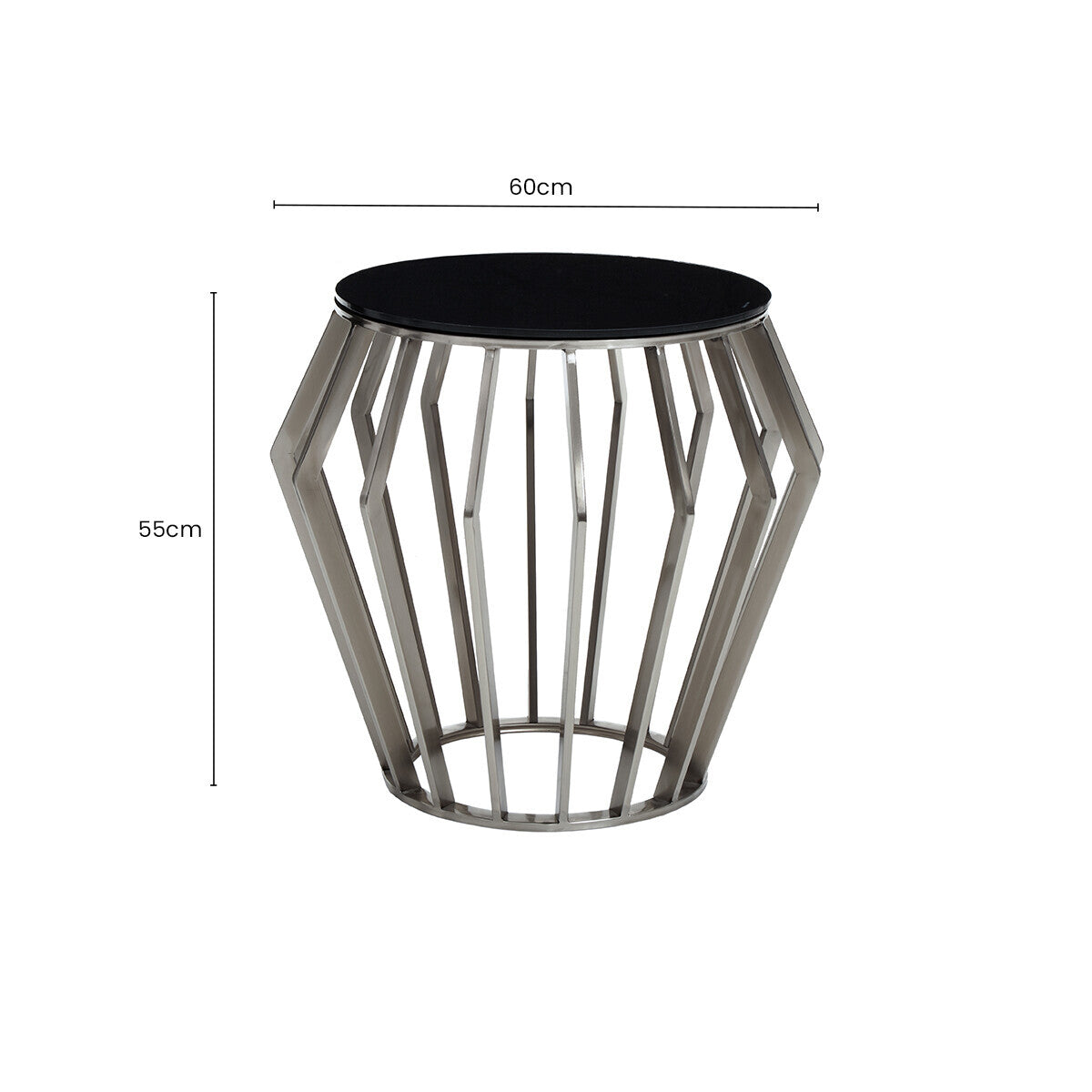 Silver Base Round Side Table with Black Glass Top, Ackley