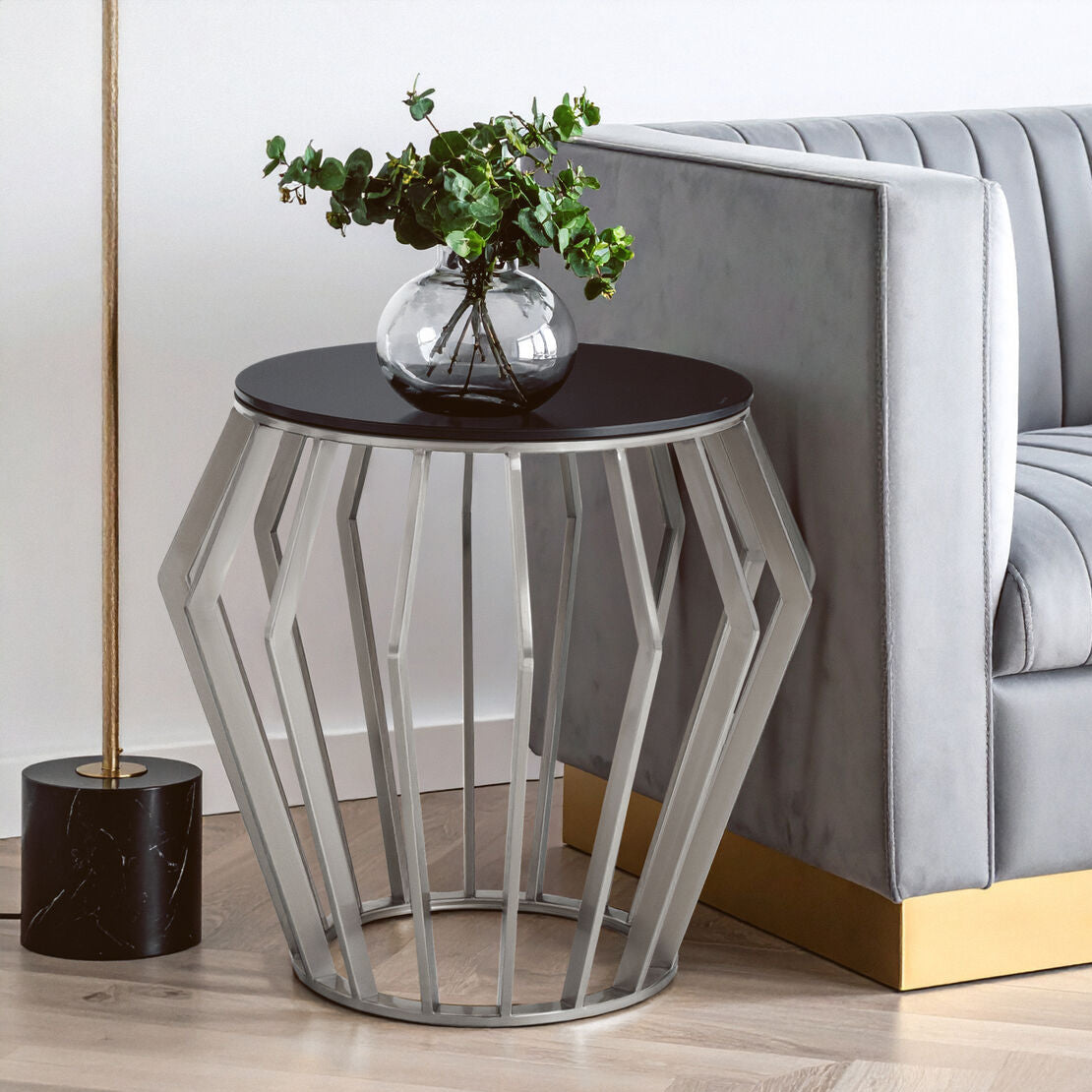 Silver Base Round Side Table with Black Glass Top, Ackley