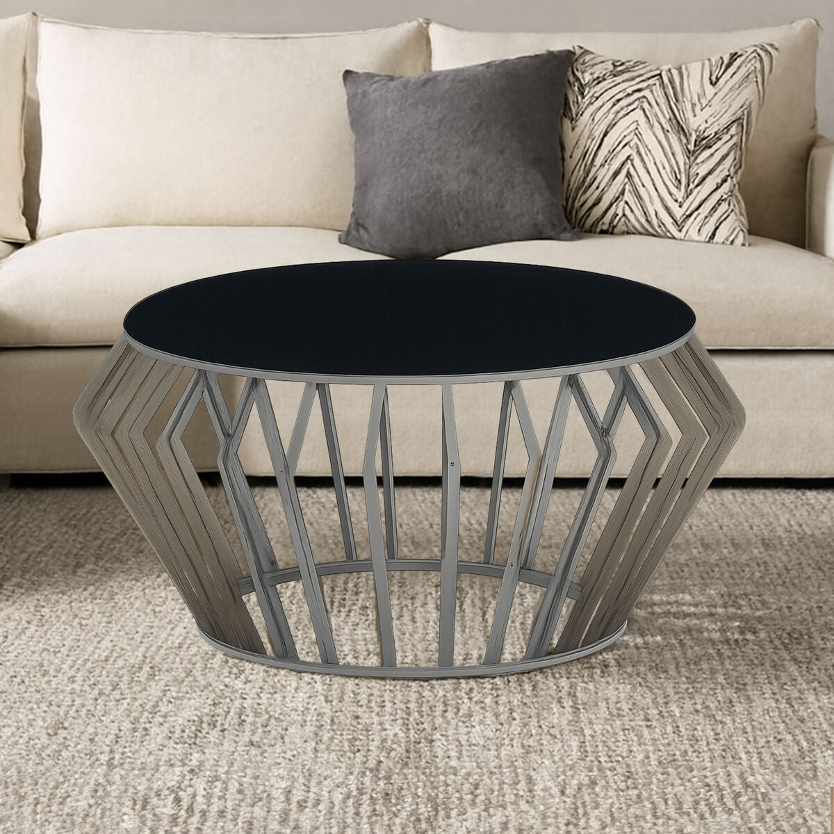 Silver Base Round Coffee Table with Black Glass Top, Ackley