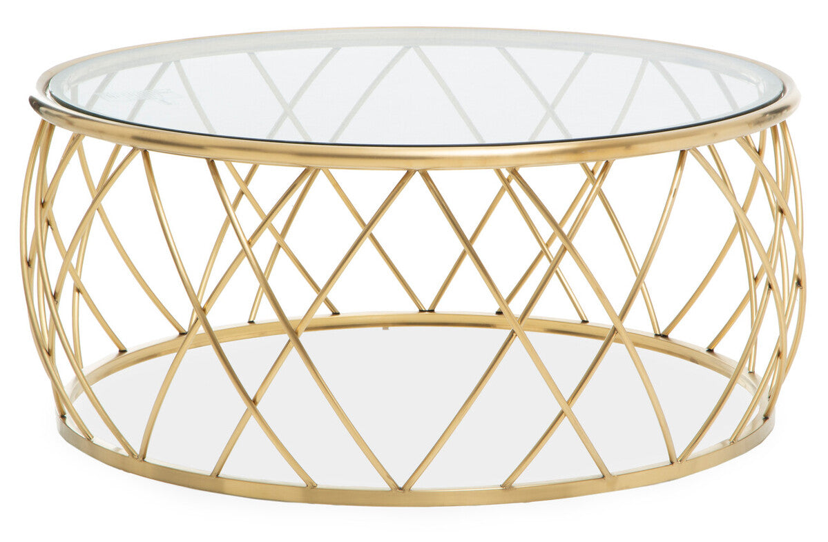 Gold Base Round Coffee Table with Clear Glass Top, Ackley