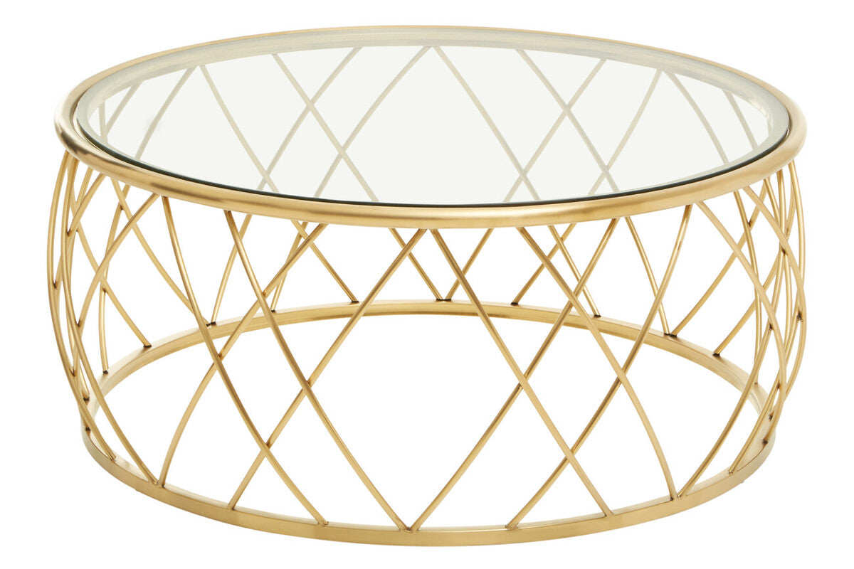 Gold Base Round Coffee Table with Clear Glass Top, Ackley