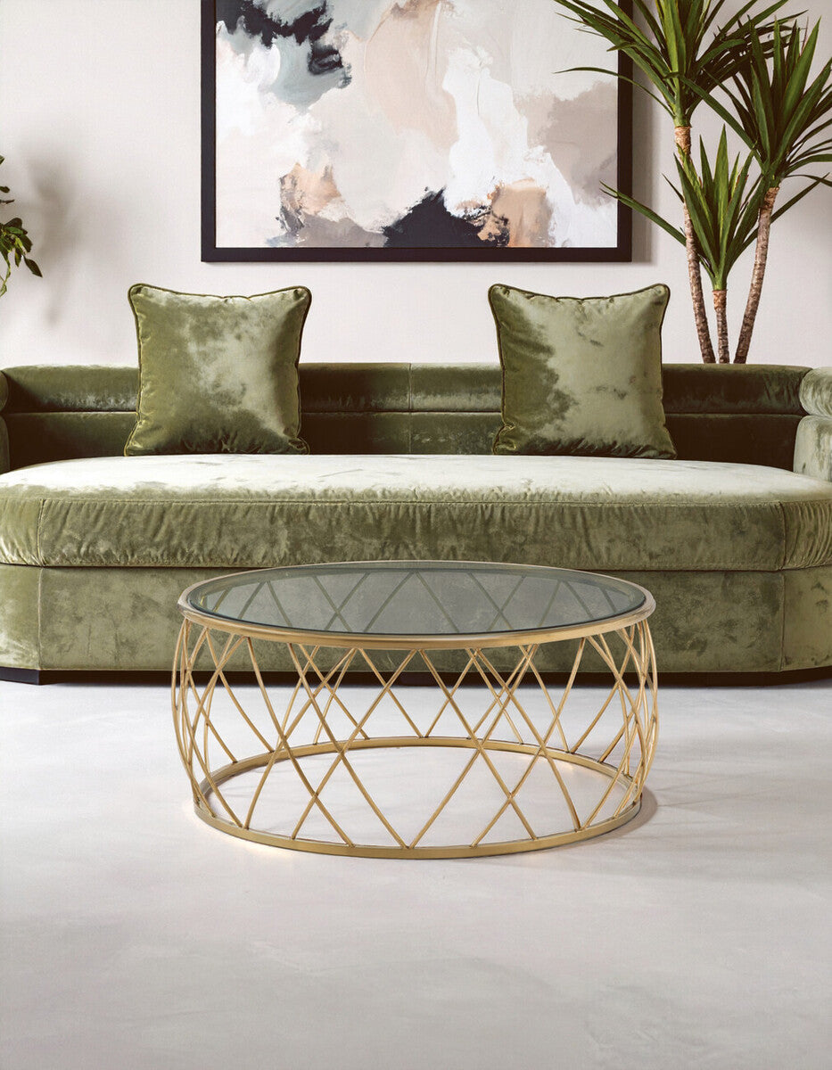 Gold Base Round Coffee Table with Clear Glass Top, Ackley