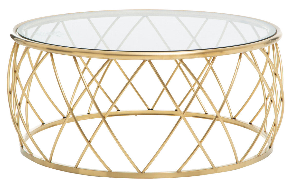 Gold Base Round Coffee Table with Clear Glass Top, Ackley
