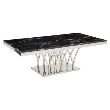 Black Marble Top Coffee Table with Intricate Silver Base, Arenza