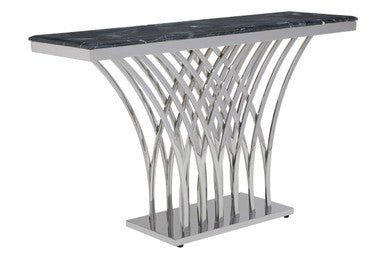 Black Marble Top Console Table with Intricate Silver Base, Arenza