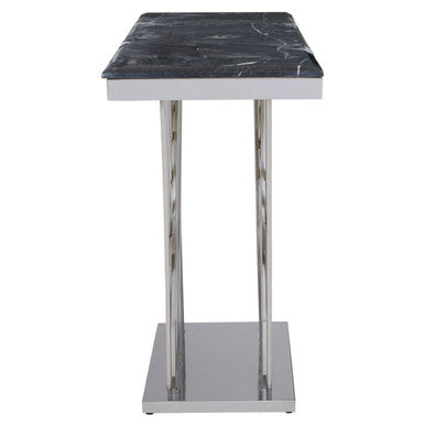 Black Marble Top Console Table with Intricate Silver Base, Arenza