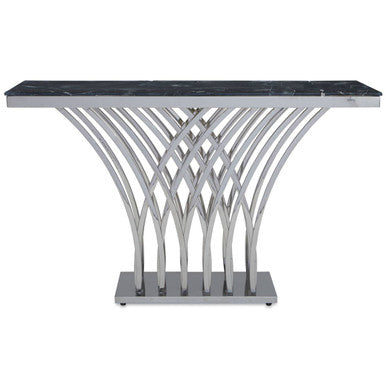 Black Marble Top Console Table with Intricate Silver Base, Arenza