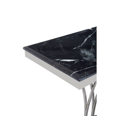 Black Marble Top Console Table with Intricate Silver Base, Arenza