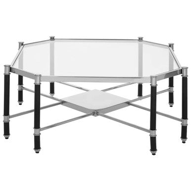 Silver and Black Metal Coffee Table with Clear Tempered Glass Top, Allessi