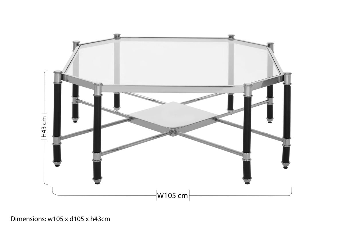 Silver and Black Metal Coffee Table with Clear Tempered Glass Top, Allessi