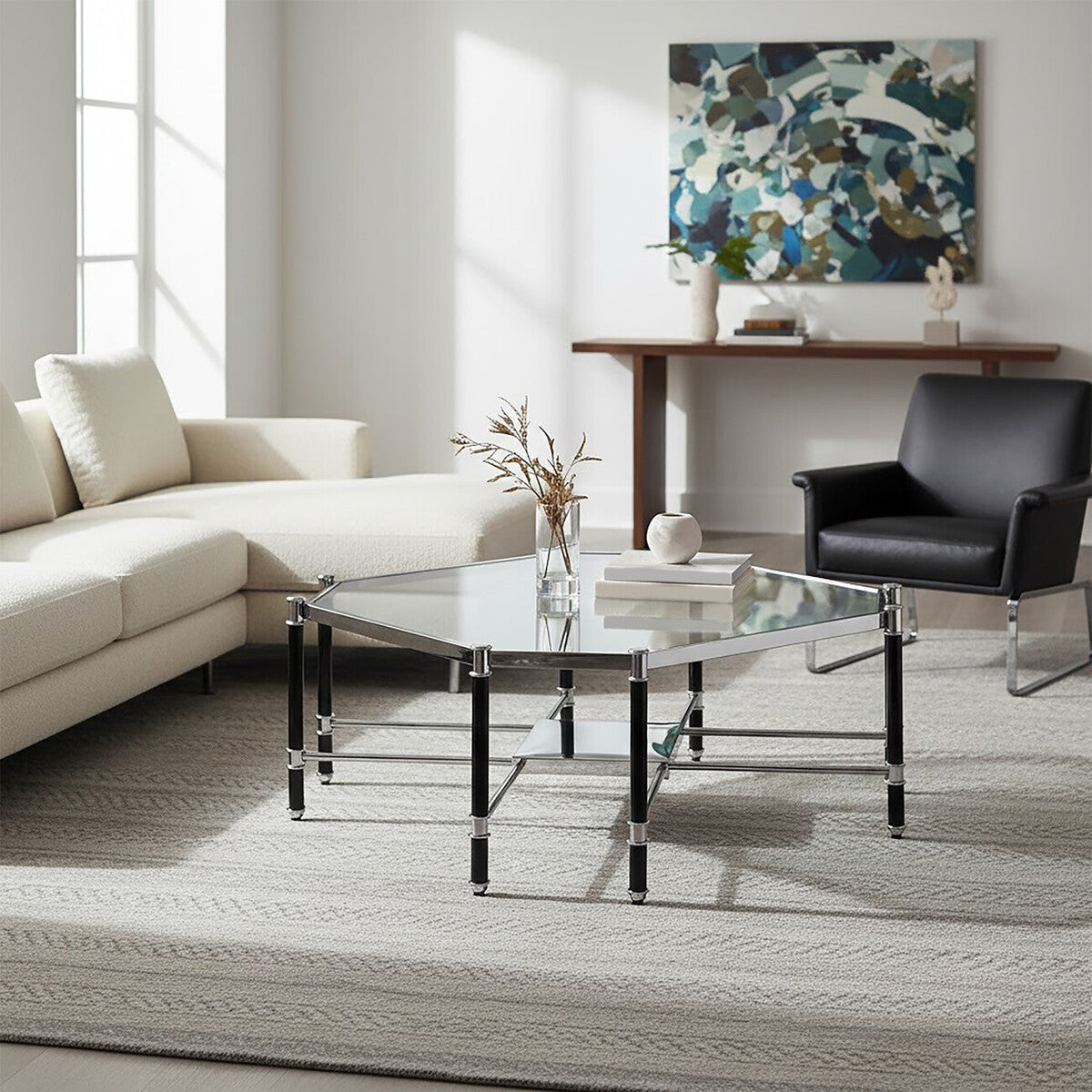 Silver and Black Metal Coffee Table with Clear Tempered Glass Top, Allessi
